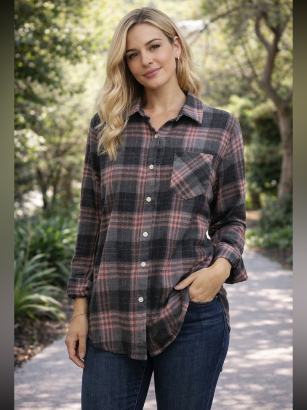 Adora Plaid Flannel Button‎ Down Shirt Gray Pink size Medium